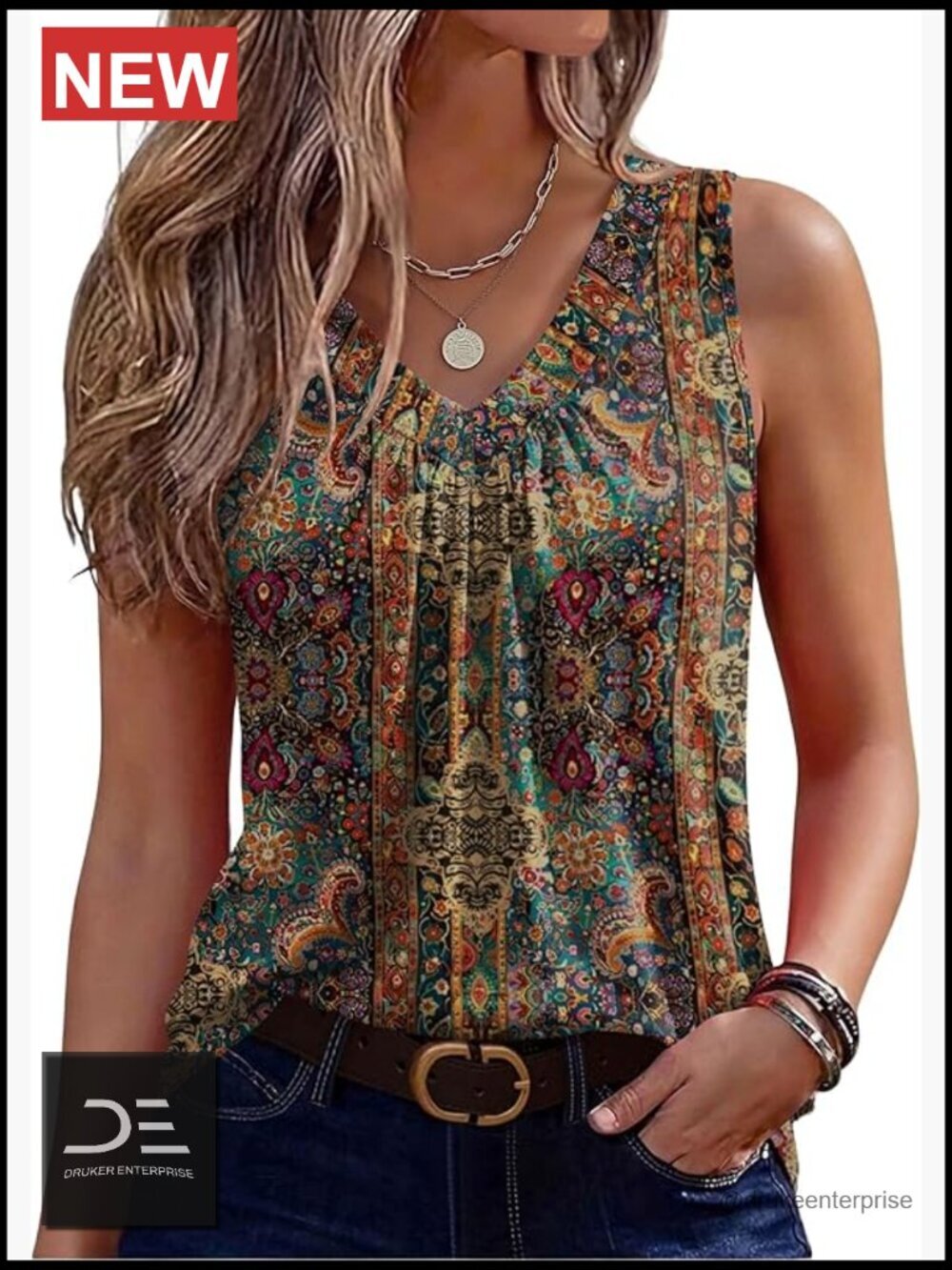 Women's Sleeveless Pleated Tank Top - Loose Fit V-Neck Tee